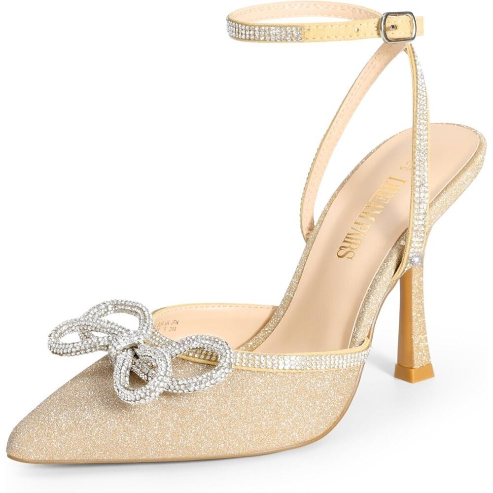 🆕 Women Gold Ankle Strap Sparkly Bow Shine Star Wrap-Around High-Heel Pumps